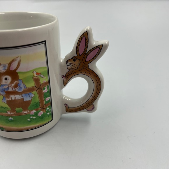 Vintage Glazed Ceramic Coffee Mug Cup Spring Easter Bunny Rabbit Handle - Picture 8 of 9